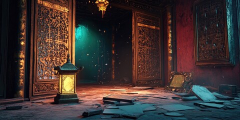 Poster - 3D rendering of a fantasy nighttime oriental interior featuring aged walls and a broken glass lantern in a dark atmosphere