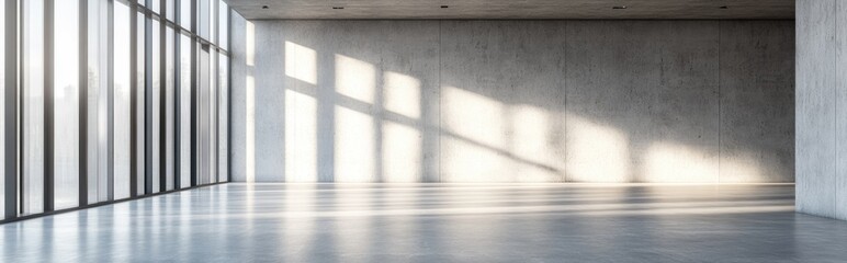 Poster - Modern gallery interior featuring an empty gray wall and concrete flooring 3D rendering