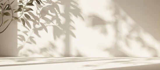 Poster - 3D rendering of a minimalistic abstract light beige background featuring delicate shadows cast by window and vegetation for product presentation