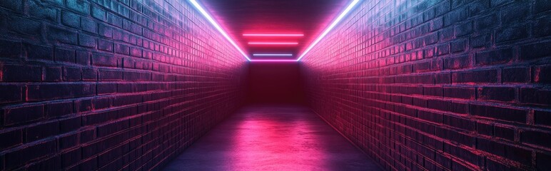 Wall Mural - 3D rendering of an empty corridor featuring brick walls illuminated by neon light