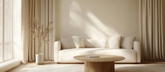 Poster - 3D rendering of a minimalist modern living room featuring a white sofa wooden coffee table and soft curtains showcasing Scandinavian home decor in a light beige color palette