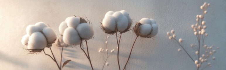 Poster - 3D rendering of three cotton flowers showcasing natural elements in interior design featuring soft fluffy fibers
