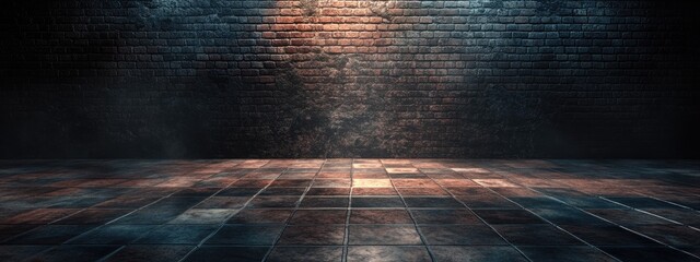 Poster - 3D rendering of a dark room featuring a tiled floor and a brick wall backdrop