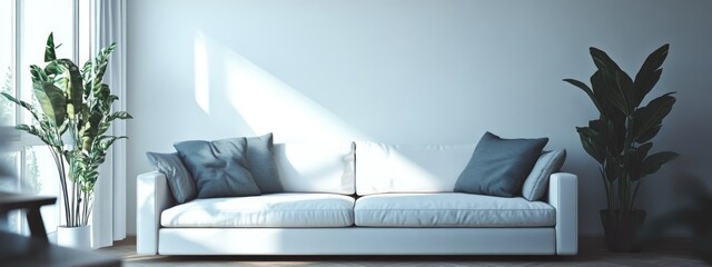Poster - 3D rendering of a white living room featuring a sofa in a Scandinavian interior design style