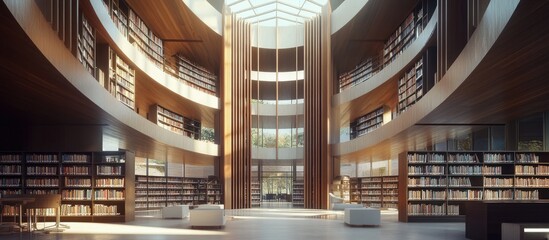 Poster - Interior view of a landmark library designed as four open books featuring a 3D rendering