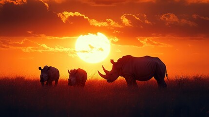 Poster - Silhouetted Rhinos at Sunset in Africa