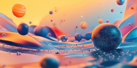 Aufkleber - Geometry of virtual space in a 3D cartoon rendering This artistic colored abstraction features elements such as planets galaxies stars cosmos seas earth sunsets globes and abstract shapes