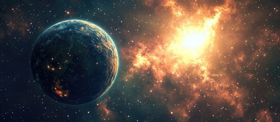 Poster - Space scene in a 3D cartoon rendering featuring a panorama of a star filled galaxy nebula and universe