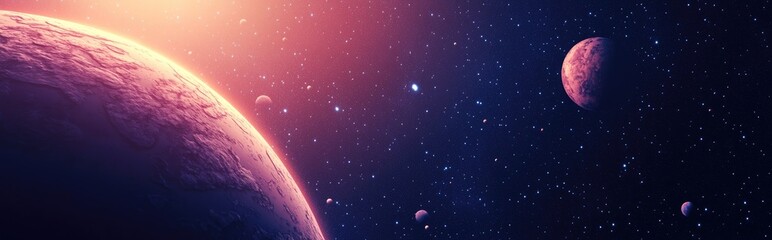 3D cartoon depiction of stars in a galaxy and planetary setting within open space