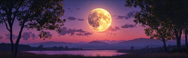 Poster - Majestically rising in the evening sky the full moon casts an otherworldly radiance across the landscape as darkness falls and the sun sets in this 3D cartoon rendering