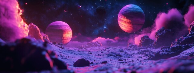 Poster - Unexplored planets in faraway space depicted in a high resolution 3D cartoon rendering perfect for science fiction fantasy enthusiasts and ideal for wallpaper and print