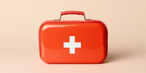 A vibrant red first aid kit with a white plus symbol on the lid positioned against a neutral background to emphasize its clarity and purpose