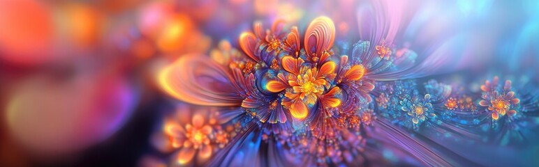 Poster - Colorful floral fractal abstract art featuring a beautiful 3D cartoon rendering This graphic modern art with a digital fantasy effect serves as a trendy desktop wallpaper and is suitable for banne