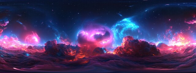 360 degree nebula panorama in a 3D cartoon rendering featuring an equirectangular projection and environment map HDRI spherical panorama showcasing a space background with nebula and stars 3D illu