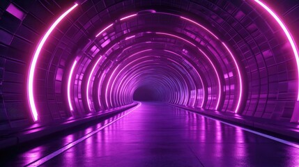 Poster - Futuristic 3D illustration of a semi circular tunnel illuminated with vibrant purple lines