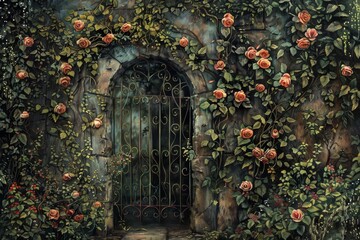 Poster - a painting featuring a gate covered in vibrant roses, secret garden hidden behind a tangle of ivy an