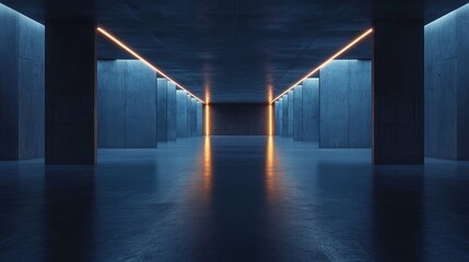 Poster - Empty dark abstract concrete room with a smooth interior featuring an illuminated architectural background in a nighttime setting 3D illustration and rendering