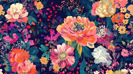 Vibrant floral pattern in a contemporary digital textile design featuring intricate motifs and a diverse color palette