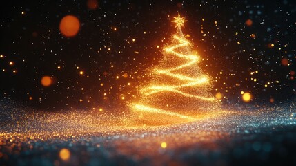 Wall Mural - Illuminated Christmas tree composed of particles against a dark backdrop featuring an abstract holiday design 3D rendered illustration