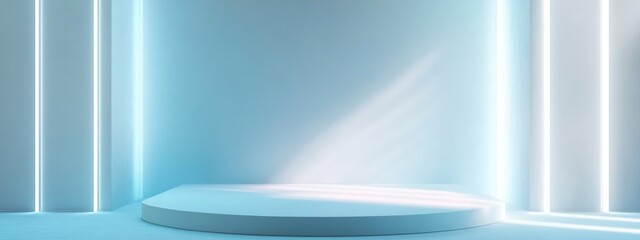 Poster - Minimal abstract background featuring a white and light blue podium lit by white neon lights ideal for business product presentations or fashion exhibitions including perfume and cosmetics in 3D r