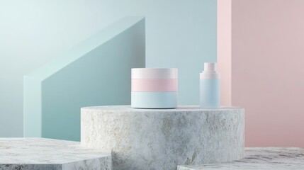 Poster - pastel colored product and packaging showcase on a stone podium featuring 3d rendering and illustrat