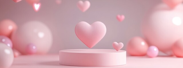 Poster - Valentine s Day inspired minimalistic love scene featuring a display podium for product showcasing Soft pink pedestal with a charming heart themed background 3D rendering for a romantic design aes