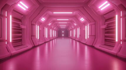 Poster - Digital Simulation of an Empty Hallway Corridor in a Garage or Dance Studio Featuring Glowing Neon Maroon Colors and 3D Spaceship Inspired Architecture