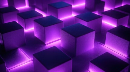 Poster - Illuminated purple cubes positioned on the edge in an open space Abstract 3D rendering