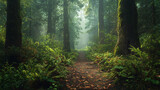 Majestic, towering redwoods, ancient forest, serene, high quality, photorealistic, lush undergrowth, dappled sunlight, peaceful, breathtaking, nature's grandeur::0.9 misty fog, forest trails, 