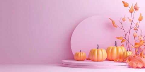 Poster - Light pastel lavender pink 3D illustration featuring an autumn Halloween themed display podium background with pumpkins showcasing vertical product photography from the side and space for product