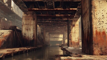 Poster - Grunge style artwork featuring a modern bridge created through 3D rendering techniques