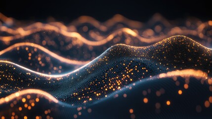 Poster - Dynamic particles create sound waves over a dark background Blurred abstract lights form a stunning wave shaped pattern of glowing dots 3D visualization