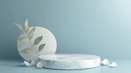 Poster - White marble display podium adorned with natural leaves set against a blue background 3D render