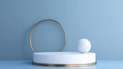 Poster - Empty white cylinder podium with a gold border and a spherical object set against a blue backdrop Abstract minimalistic 3D geometric shape for product display mockup 3D rendering