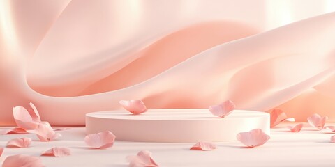 Aufkleber - Pastel podium featuring abstract silk waves 3D render designed for advertising Display stand for cosmetic and body care products complemented by luxury platform with flower petals