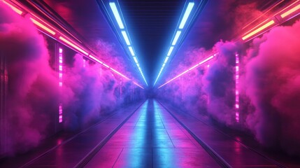 Poster - Vibrant underground hallway with colorful smoke and neon lights featuring glowing beams and a dynamic laser show in a 3D rendered illustration