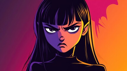 Wall Mural - Frustrated cartoon vampire girl illustrated with warm gradient lines