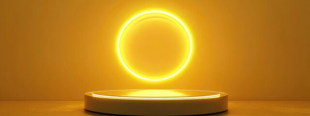 Aufkleber - Floating pedestal with a neon line on a thick yellow mat background 3D render of an abstract scene featuring a suspended podium and a neon circular frame