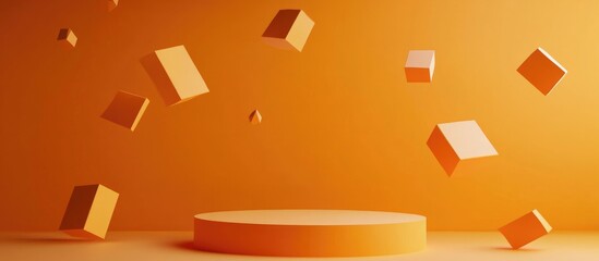 Poster - Minimal abstract composition featuring a podium and floating geometric shapes against an orange backdrop