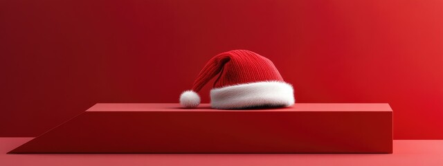 Poster - Minimalist product mockup backdrop for winter holiday themes Santa hat resting on a red step platform 3D rendered illustration with clipping paths for all elements included