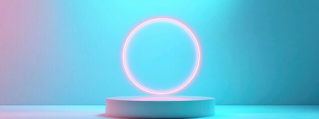 Poster - Minimalist cosmetic display on light blue background featuring a 3D rendered podium showcasing a white mock up stand perfect for beauty presentation Simple cylinder and shadow elements included