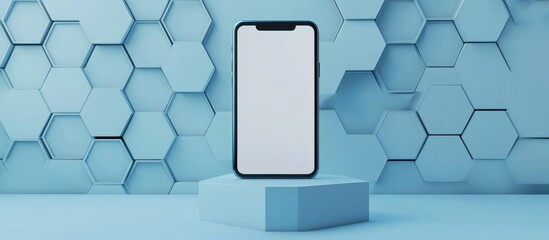 Aufkleber - Blank smartphone display on a stand with a placeholder and blue hexagonal backdrop Innovative presentation idea 3D rendering