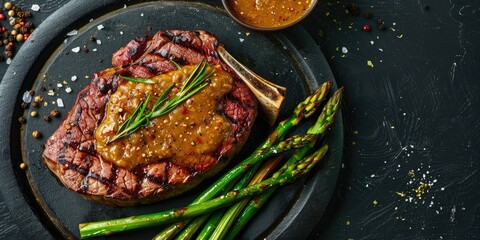 Wall Mural - Tender Ribeye Steak with Rich Sauce and Crisp Asparagus