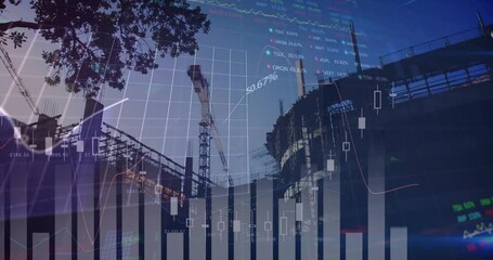 Poster - Construction site with cranes and stock market data animation over blue sky