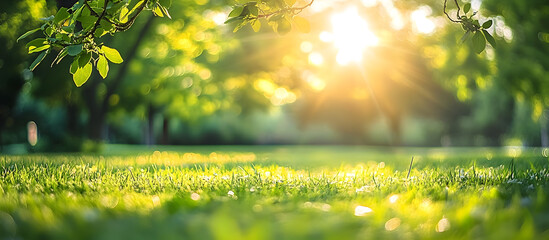 Sunlight filters through the trees in a blurred green park setting ideal for summer or spring backgrounds with a copy space image to showcase products