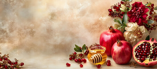 Rosh Hashanah concept with traditional symbols like pomegranate apples honey and flowers set on a beige background with room for text or images Wishing a Happy Rosh Hashana Shana Tova