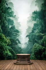 Ancient well in lush forest with misty background view