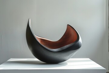 Poster - a metal sculpture placed on top of a white table, with sharp edges and smooth curves, sharp edges an