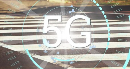 Sticker - 5G technology animation over city crosswalk background