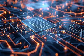 Poster - A high-tech abstract background showcasing a network of glowing circuits and microchips, providing a clean and modern design ideal for technology-related content.
